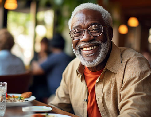 Happy elderly afro american man sitting at table